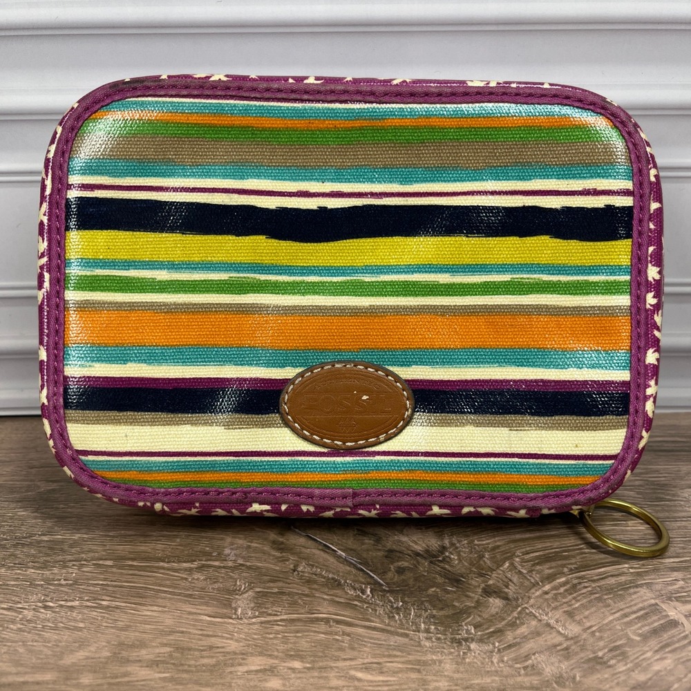Vintage Fossil Key-Per Cosmetic Bag Multi Stripe Bird Print Coated Canvas Pouch